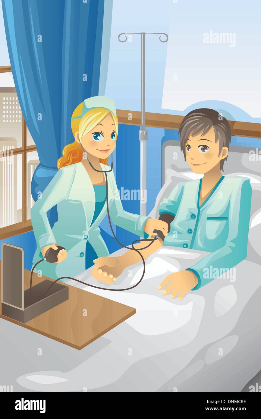 Una illustrazione vettoriale di un infermiere controllando la pressione del sangue di un paziente Illustrazione Vettoriale