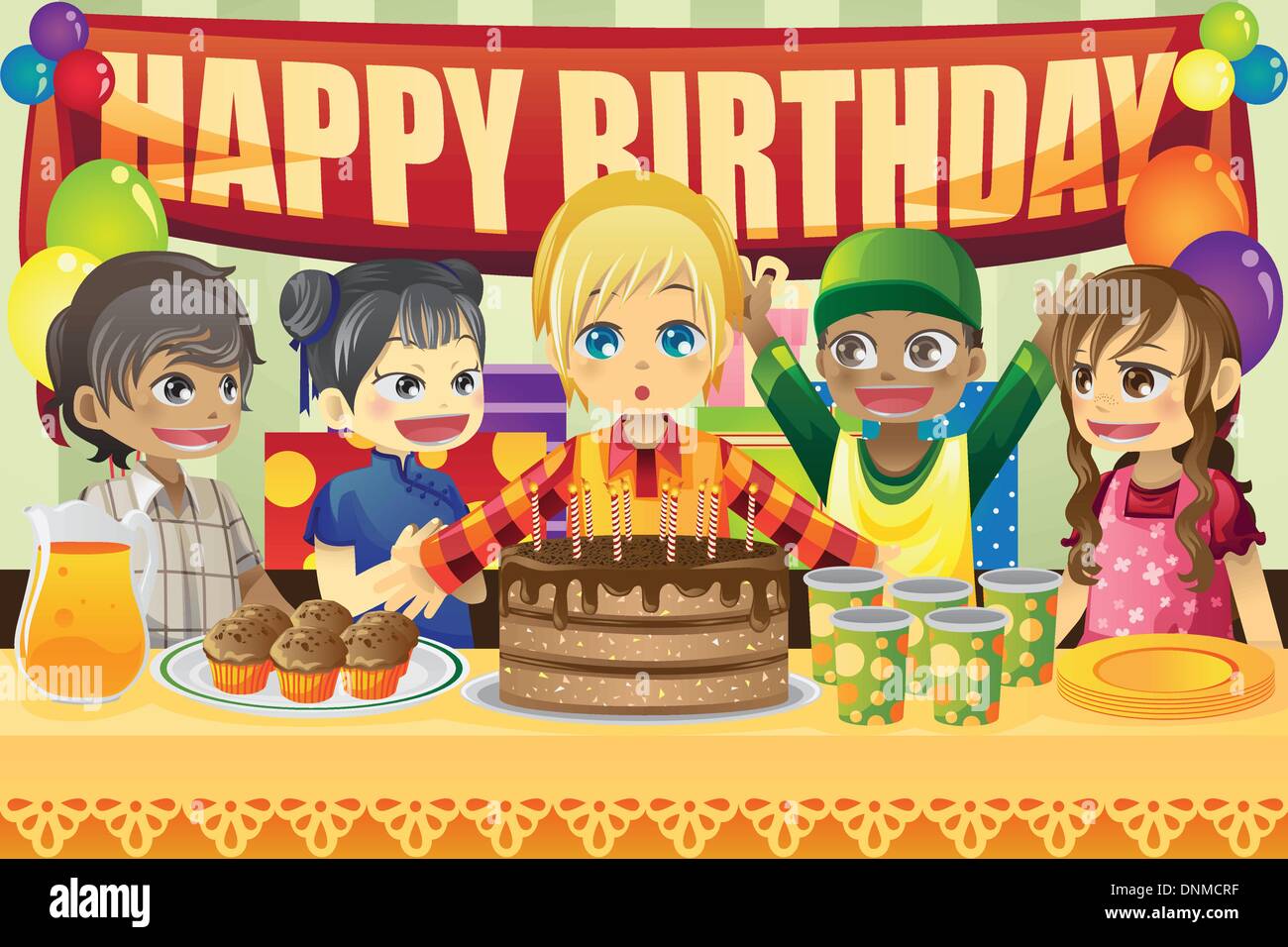 Una illustrazione vettoriale di multi-etnico bambini in una festa di compleanno Illustrazione Vettoriale