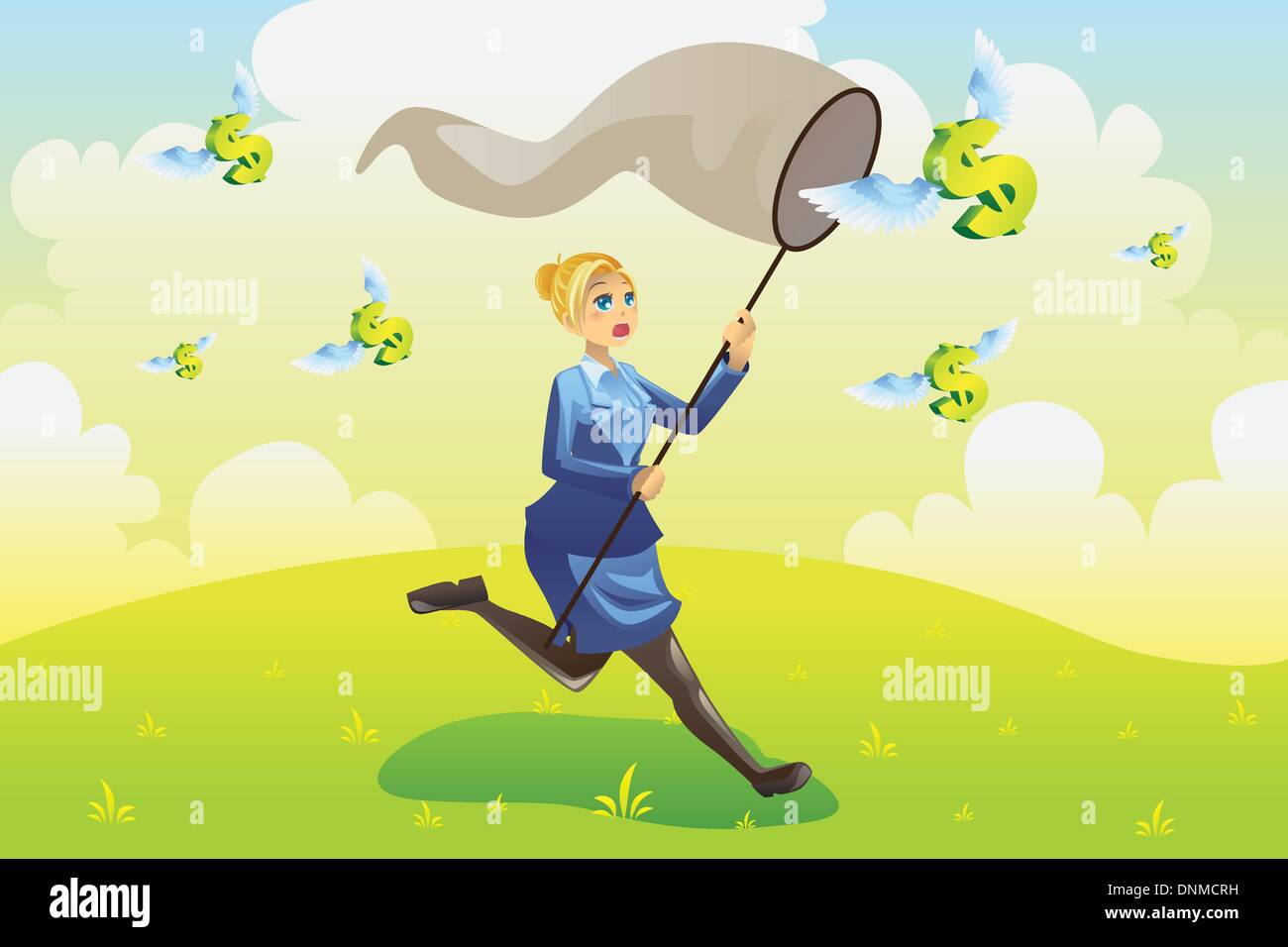 Una illustrazione vettoriale di una finanza aziendale concetto, una imprenditrice in moto e la cattura di battenti di dollari Illustrazione Vettoriale