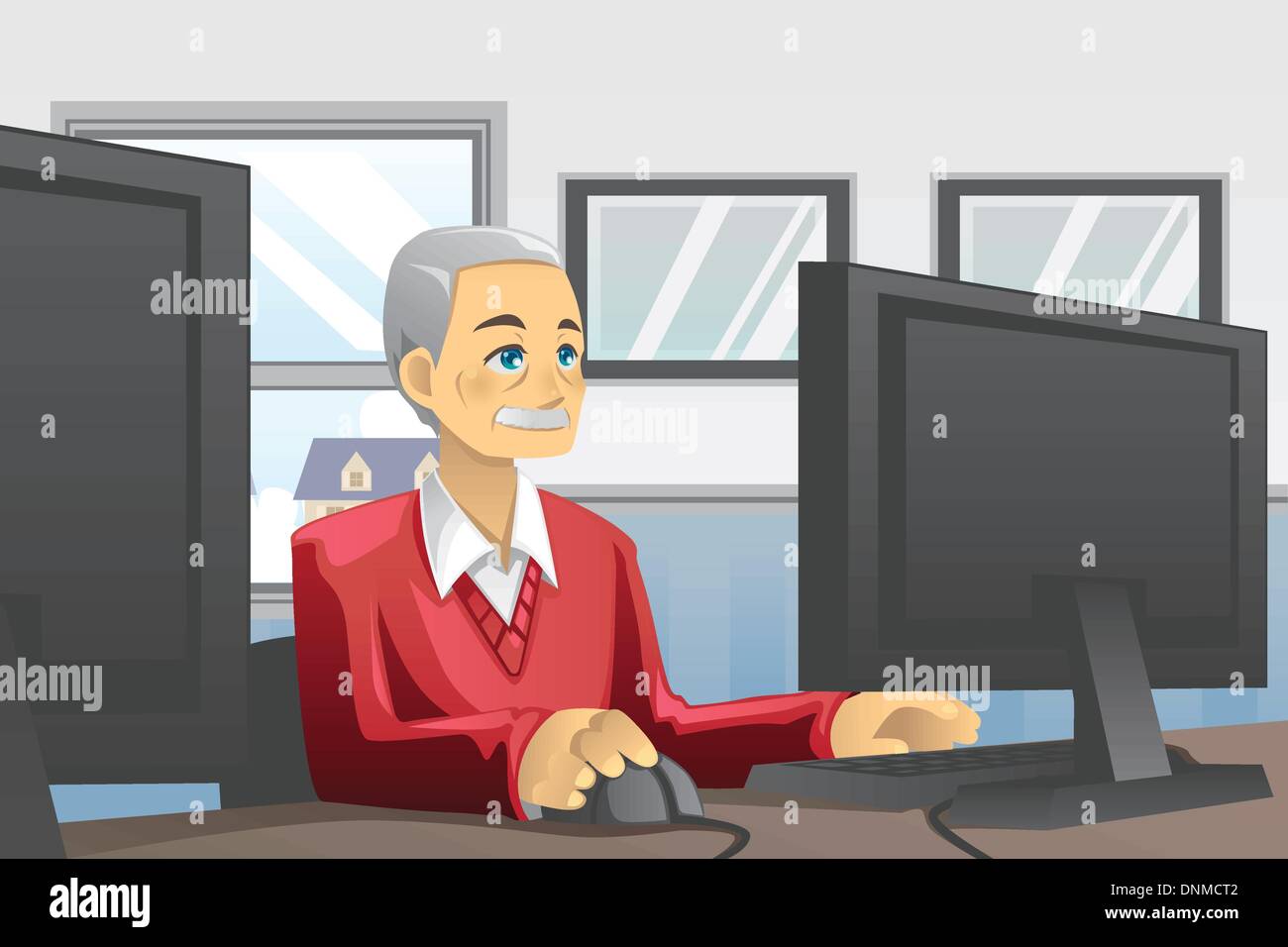 Una illustrazione vettoriale di un anziano uomo che utilizza un computer Illustrazione Vettoriale