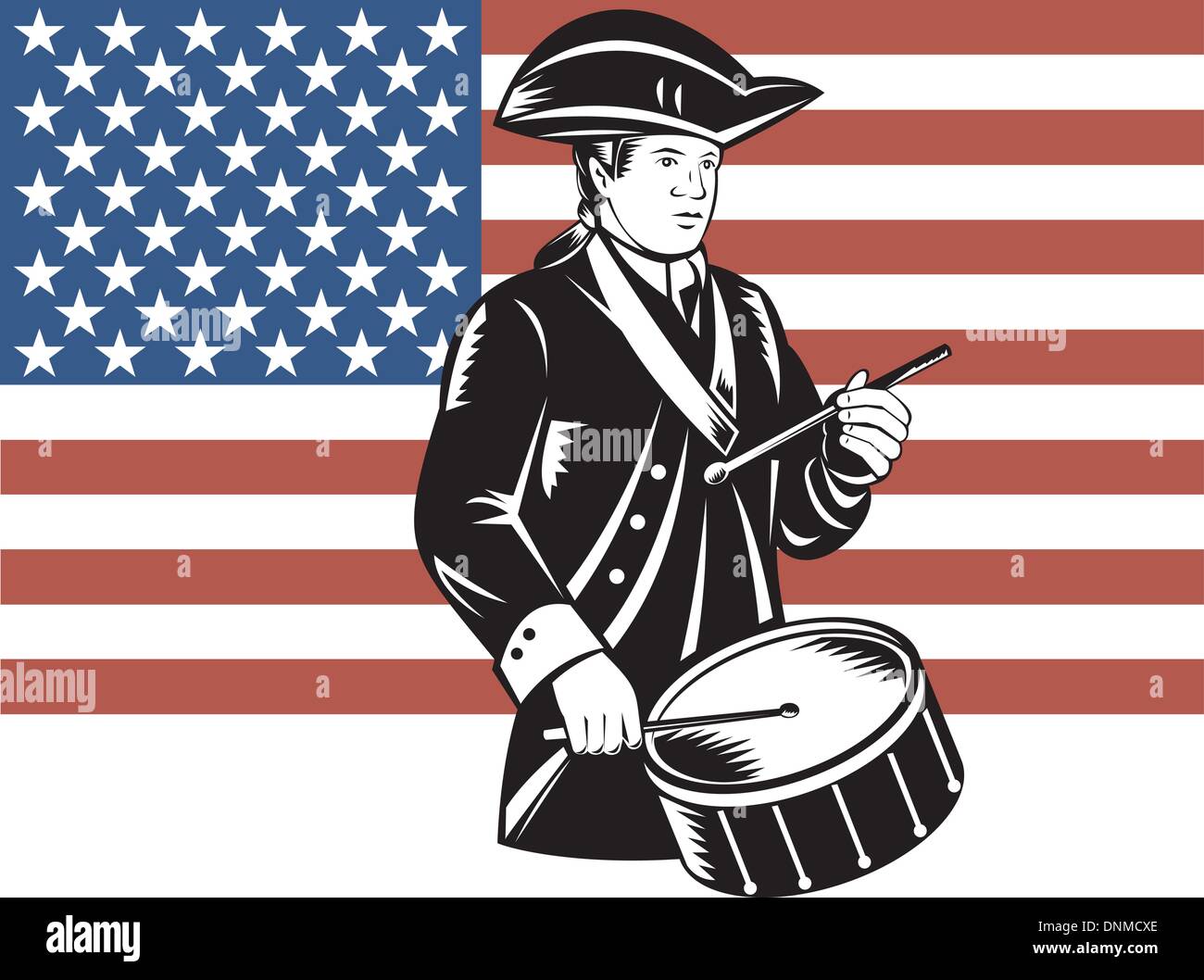 Illustrazione di un patriota batterista drumming con tamburi con American a stelle e strisce bandiera in background. Illustrazione Vettoriale