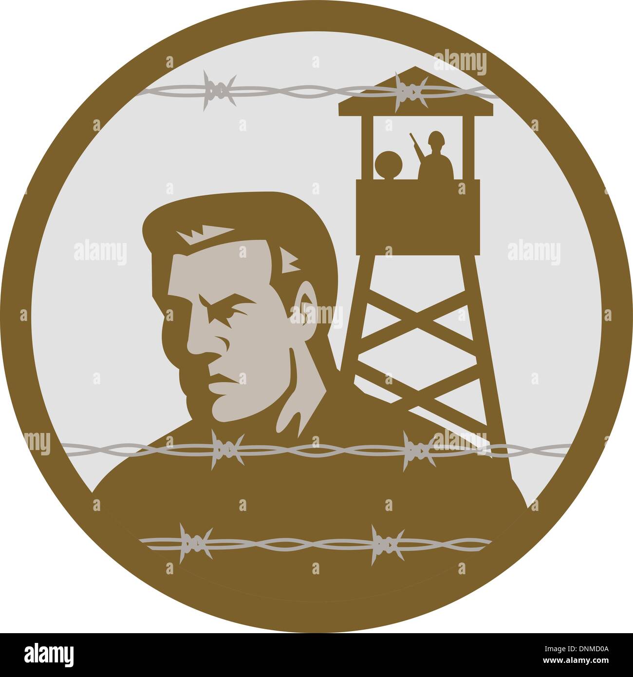 Illustrazione di un prigioniero di guerra in un campo di concentramento con torre di guardia in background e filo spinato in primo piano. Illustrazione Vettoriale