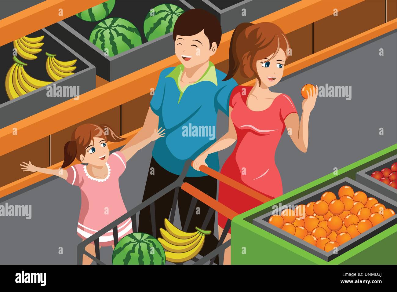 Una illustrazione vettoriale della famiglia felice la scelta di frutti nel supermercato insieme Illustrazione Vettoriale