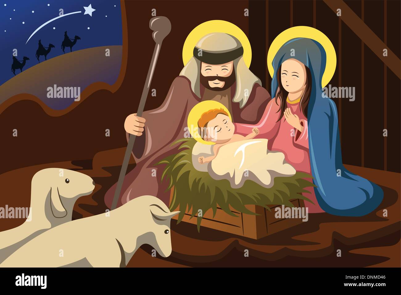 Una illustrazione vettoriale di Giuseppe e Maria e Gesù Bambino per il concetto della natività Illustrazione Vettoriale