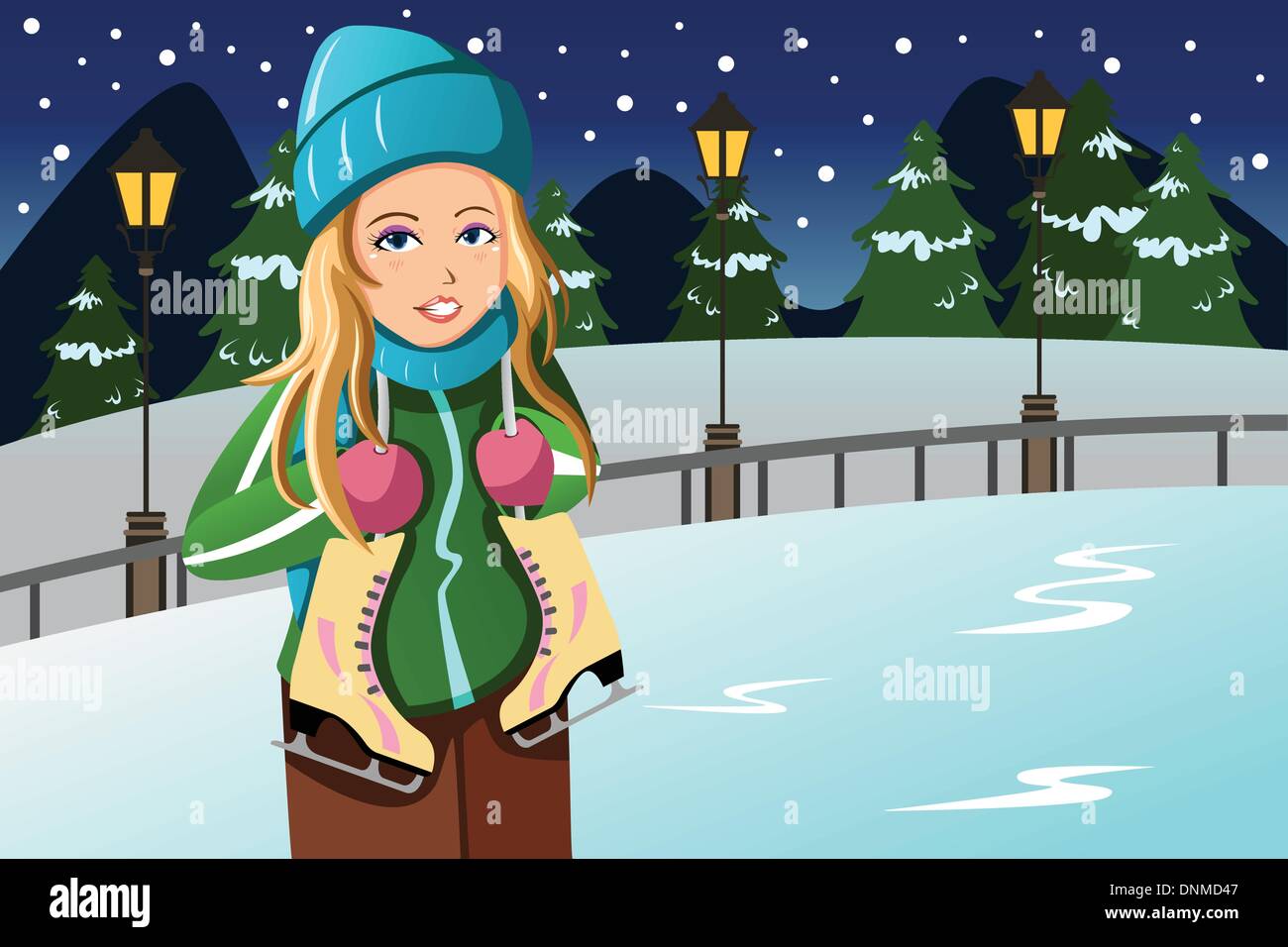 Un vettore illustrazione della bella ragazza invernale con pattini da ghiaccio appeso attorno al collo Illustrazione Vettoriale