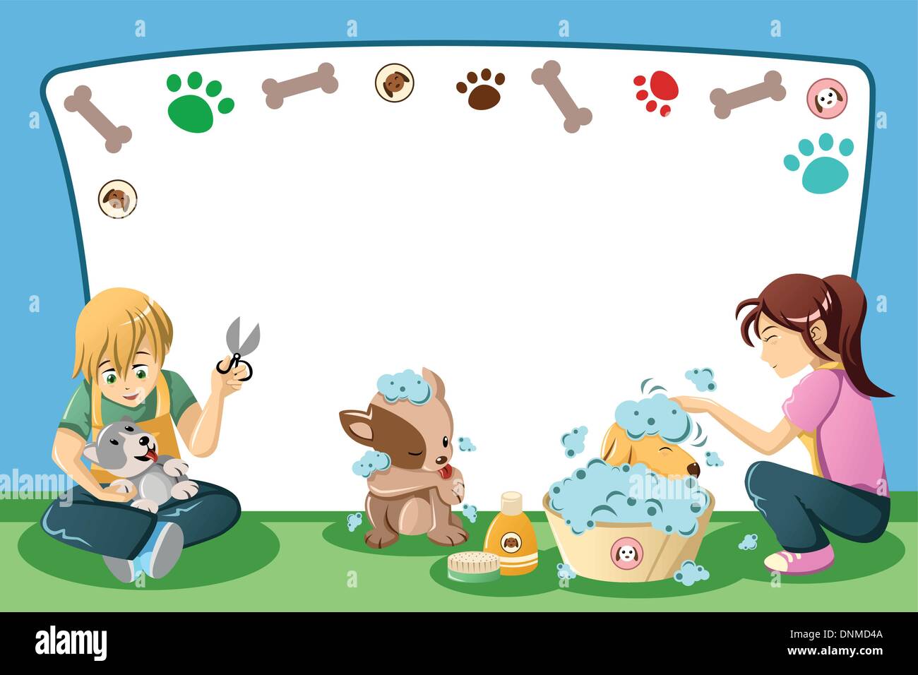 Una illustrazione vettoriale di animali domestici toelettatura annuncio con copyspace Illustrazione Vettoriale