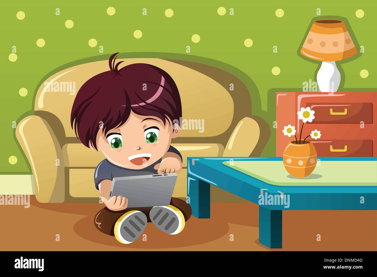 Una illustrazione vettoriale di carino boy utilizzando un tablet PC in salotto Illustrazione Vettoriale