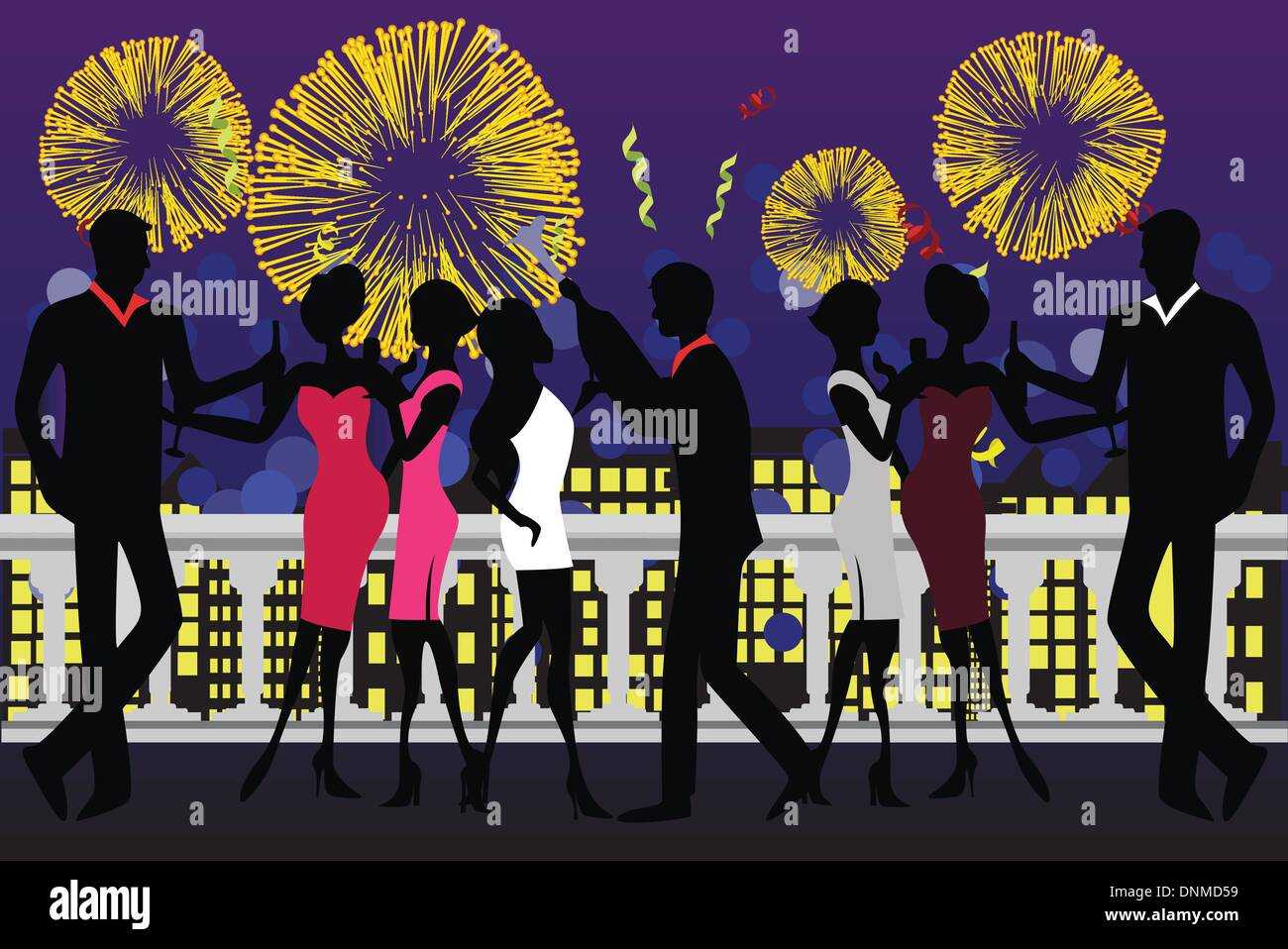 Illustrazione vettoriale di una festa di capodanno di festa con fuochi d'artificio Illustrazione Vettoriale