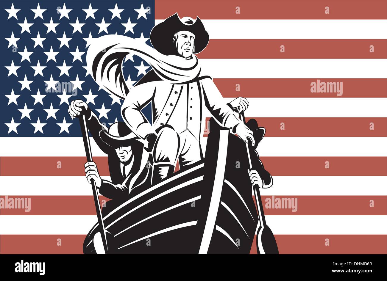 Illustrazione dotate di rivoluzione americana soldato o generale al timone della barca a stelle e strisce di bandiera Illustrazione Vettoriale