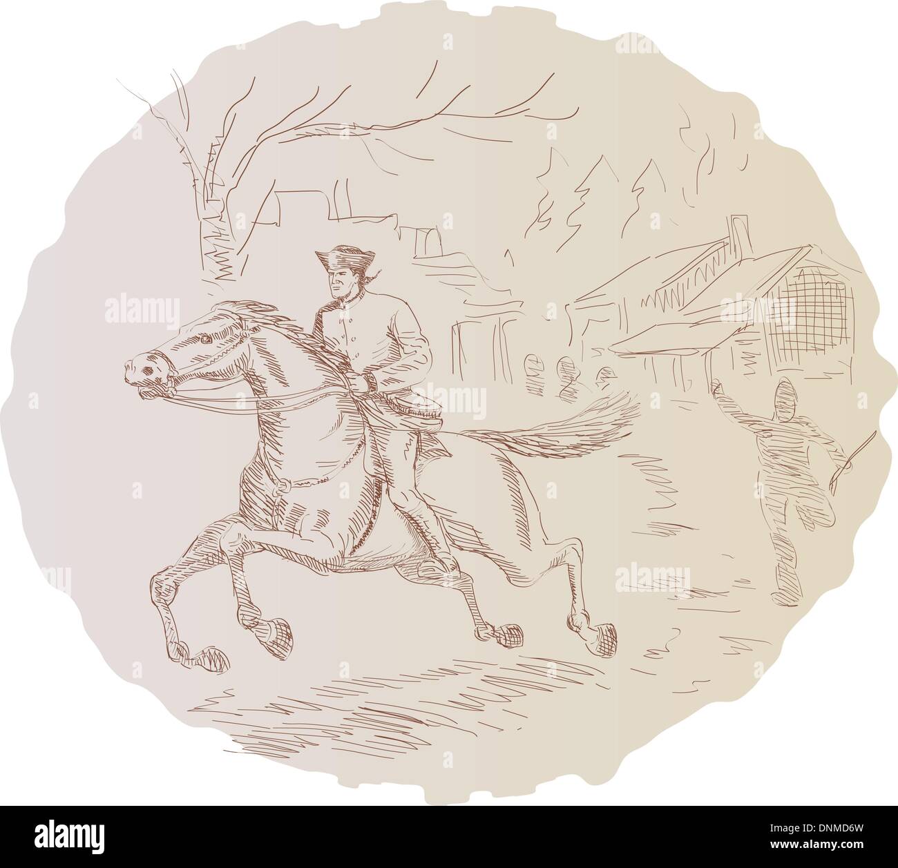 Illustrazione dotate di rivoluzione americana Paul Revere soldato o generale di equitazione Illustrazione Vettoriale