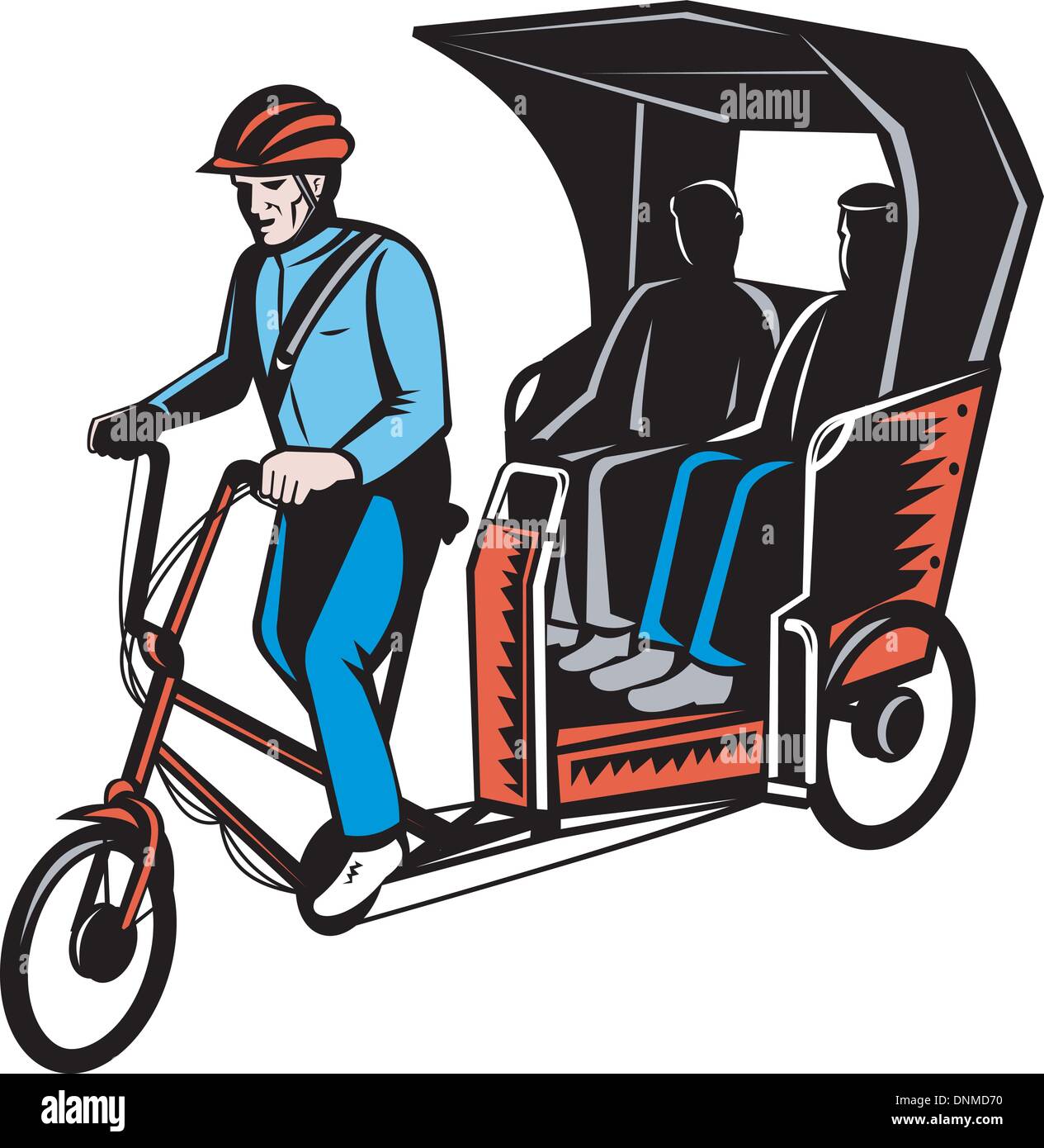 Illustrazione di un risciò ciclo con conducente e passeggero due isolati su bianco Illustrazione Vettoriale