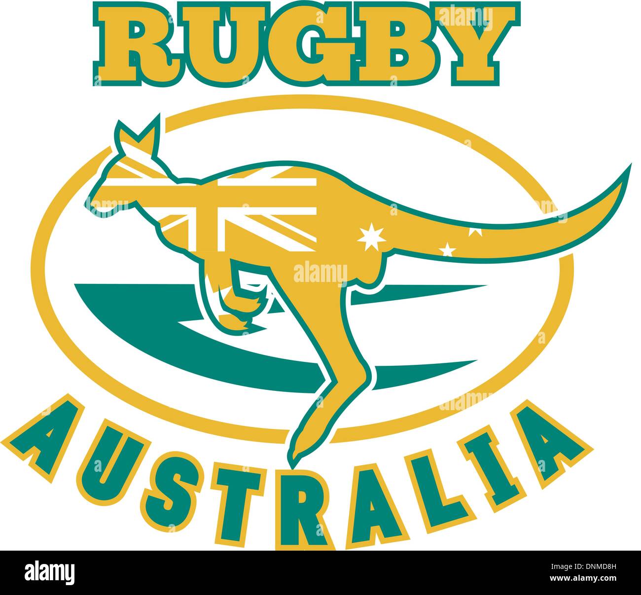 Illustrazione di un canguro o wallaby jumping vista laterale con bandiera australiana all'interno di silhouette e la palla da rugby in background con parole rugby Australia'' Illustrazione Vettoriale