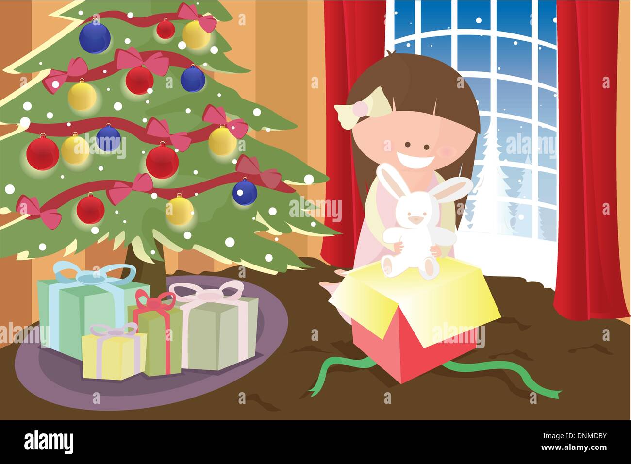Una illustrazione vettoriale di una bambina apertura di un regalo di Natale Illustrazione Vettoriale