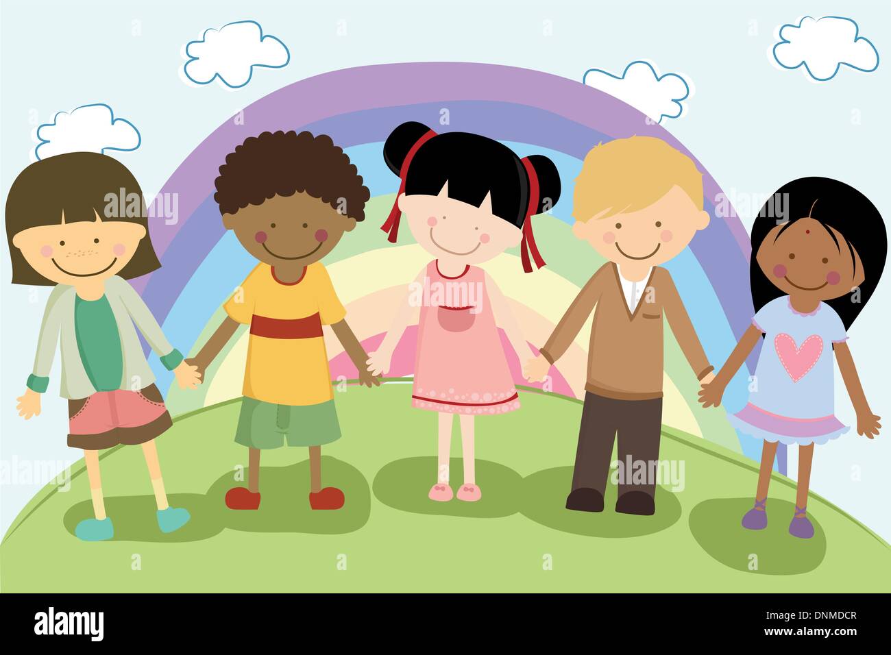 Una illustrazione vettoriale di multi etnico bambini tenendo le mani per il concetto di diversità Illustrazione Vettoriale