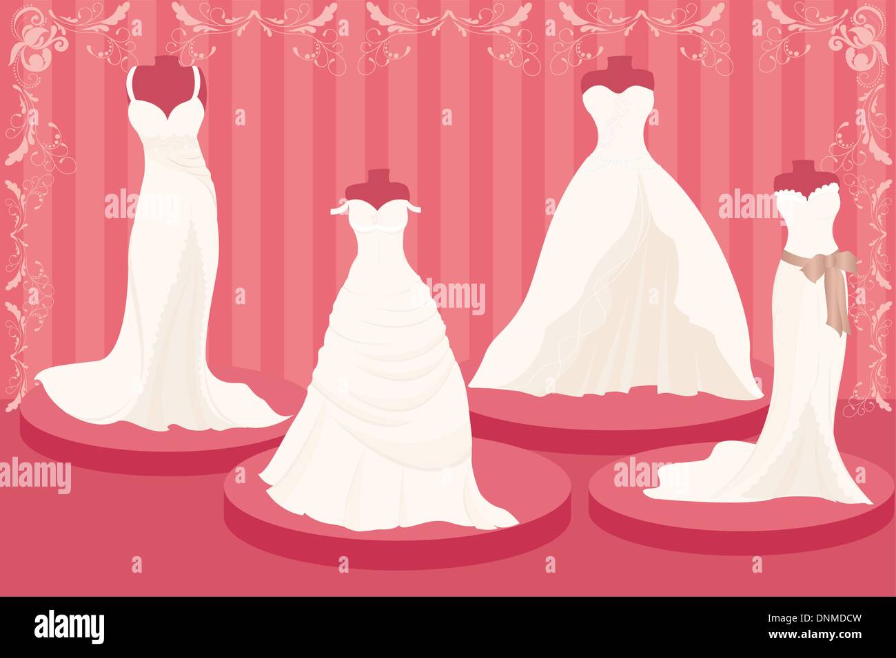 Una illustrazione vettoriale di una serie di abiti da sposa Illustrazione Vettoriale