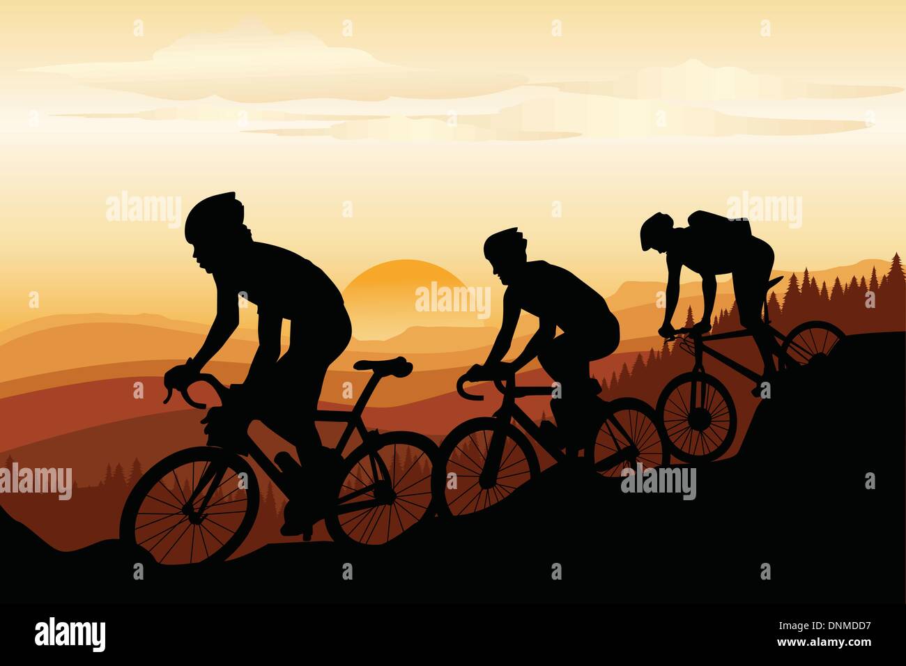 Una illustrazione vettoriale di un gruppo di appassionati di mountain bike Illustrazione Vettoriale