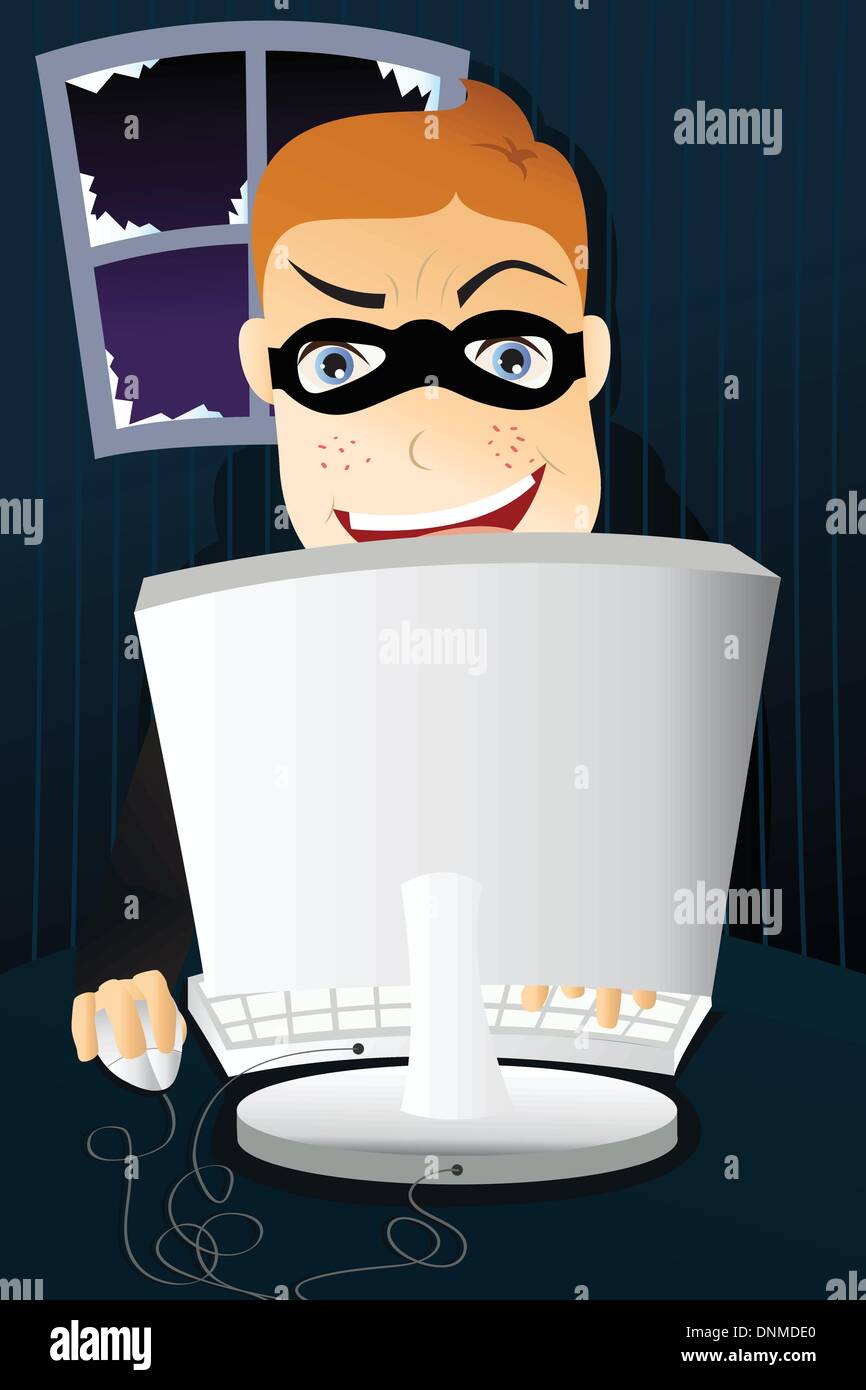 Una illustrazione vettoriale di criminale informatico al furto di identità Illustrazione Vettoriale