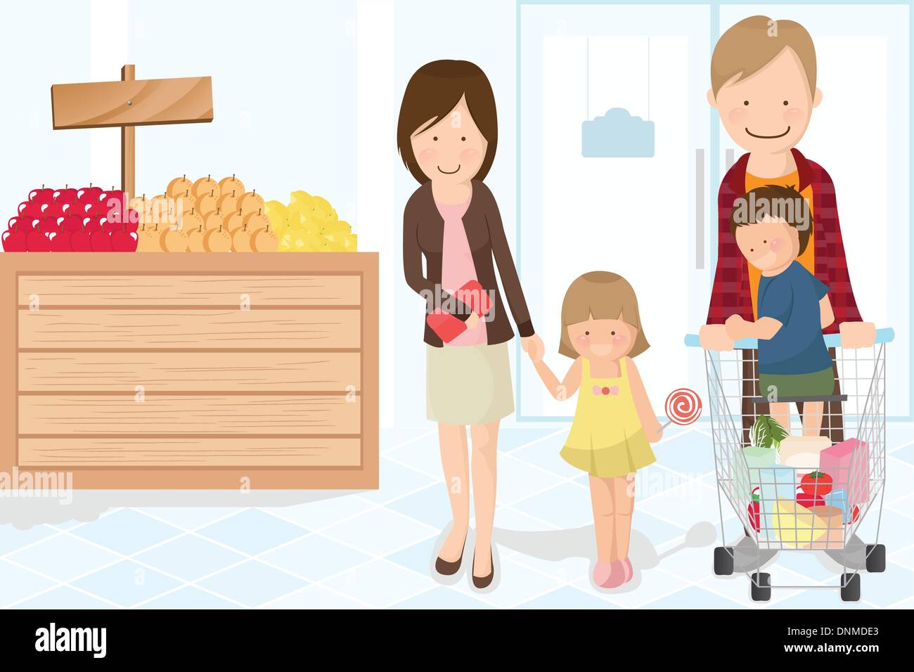 Una illustrazione vettoriale di una famiglia facendo la spesa Illustrazione Vettoriale