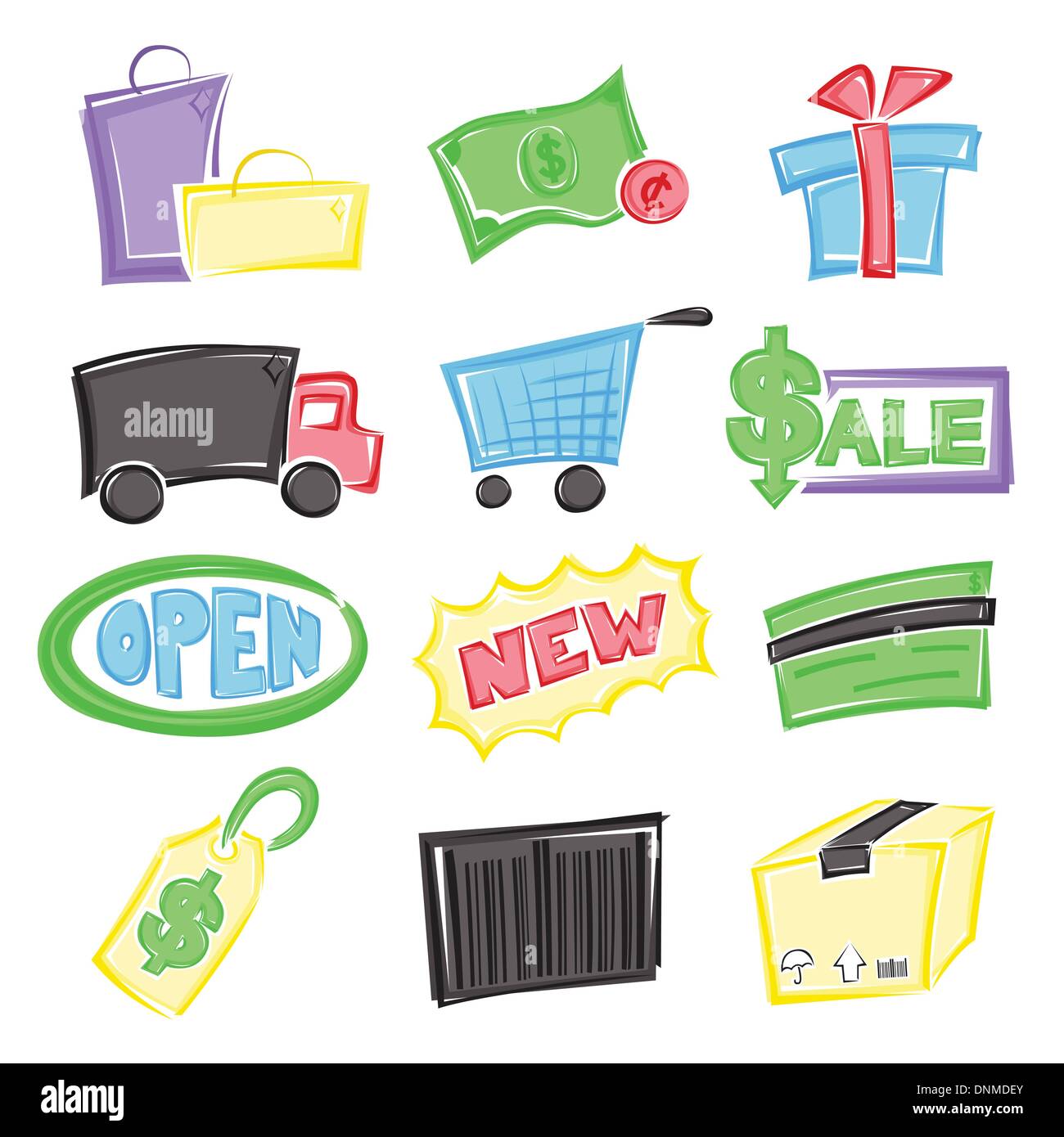 Una illustrazione vettoriale di diverse icone per il tema dello shopping Illustrazione Vettoriale