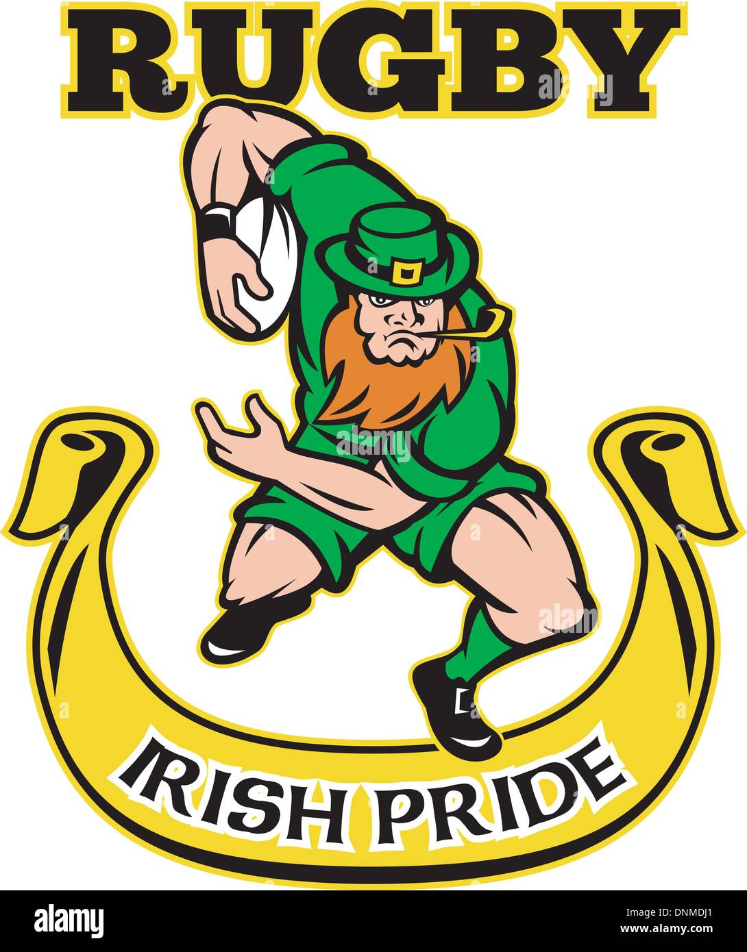 Illustrazione di un cartoon leprechaun irlandese giocatore di rugby in esecuzione con sfera indossando hat isolato su sfondo bianco con scorll e parole orgoglio irlandese rugby'' Illustrazione Vettoriale