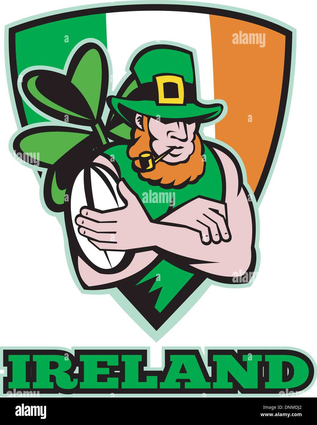Illustrazione di un leprechaun irlandese o giocatore di rugby con le braccia incrociate con la sfera che indossa il cappello con shamrock o a foglia di trifoglio e la protezione Illustrazione Vettoriale