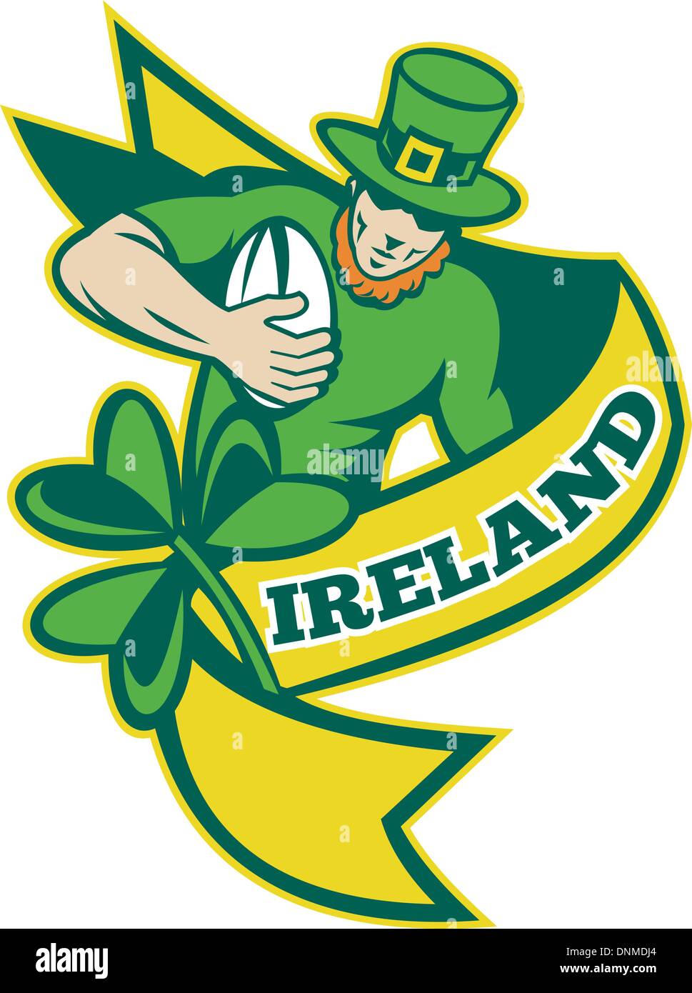 Illustrazione di un Irish Rugby player in esecuzione con sfera indossando leprechaun hat con shamrock o a foglia di trifoglio e scorrere con parole Irlanda'' Illustrazione Vettoriale