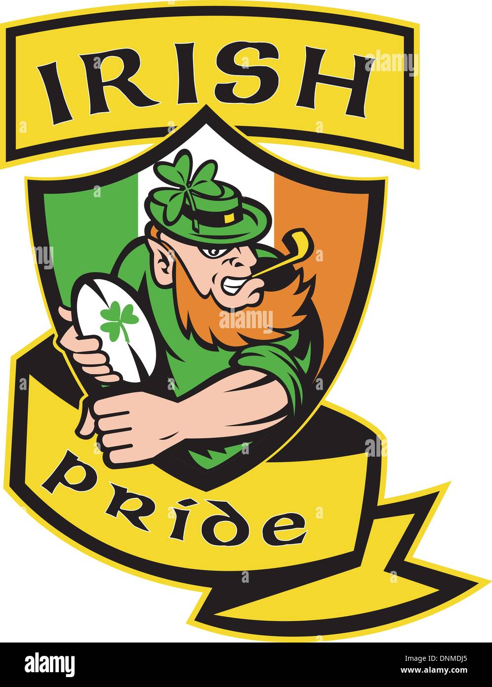 Illustrazione di un leprechaun irlandese o giocatore di rugby in esecuzione con la sfera che indossa il cappello con shamrock o a foglia di trifoglio e il flag di protezione Illustrazione Vettoriale