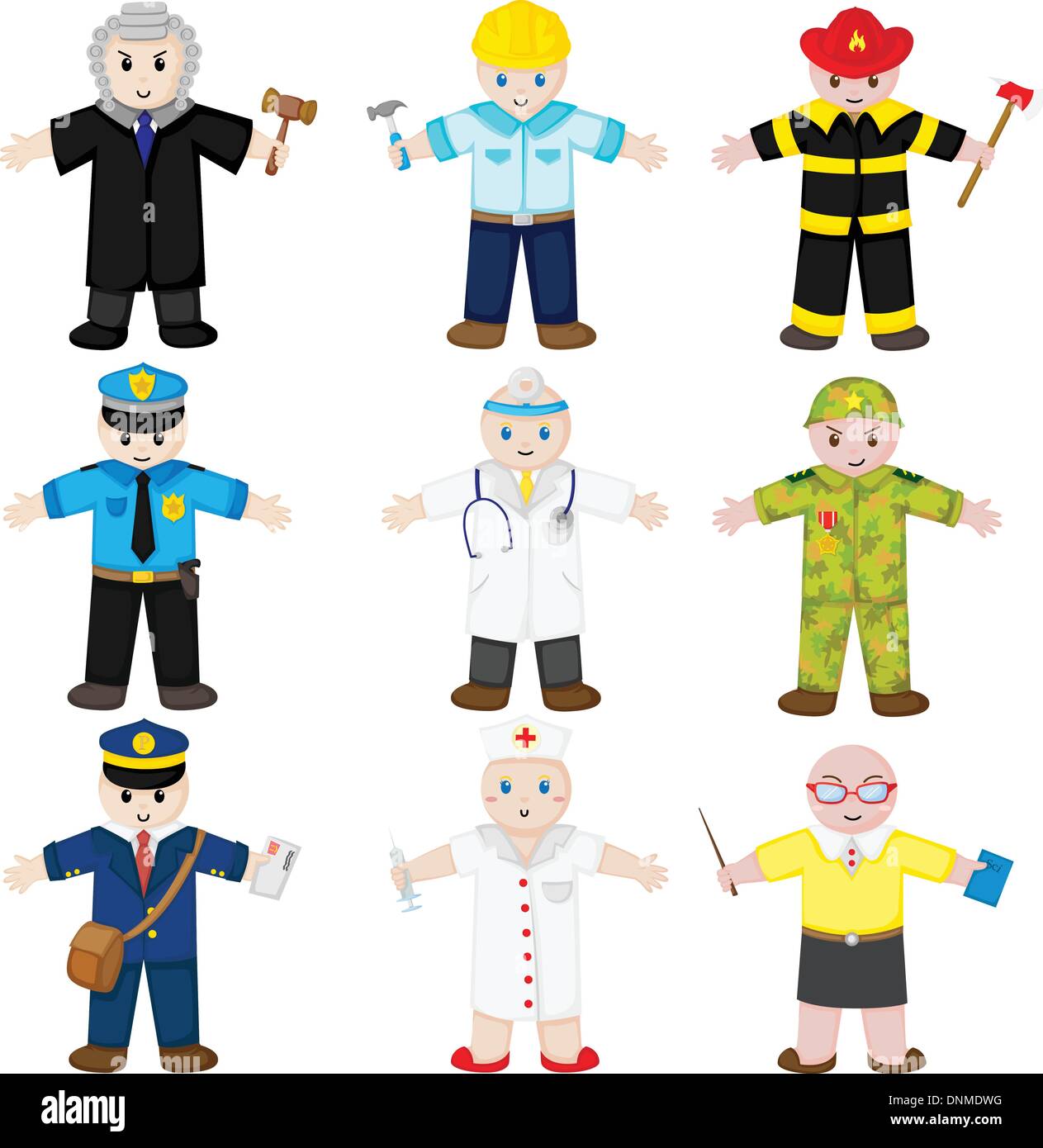 Una illustrazione vettoriale di icone di persone con diverse professioni Illustrazione Vettoriale