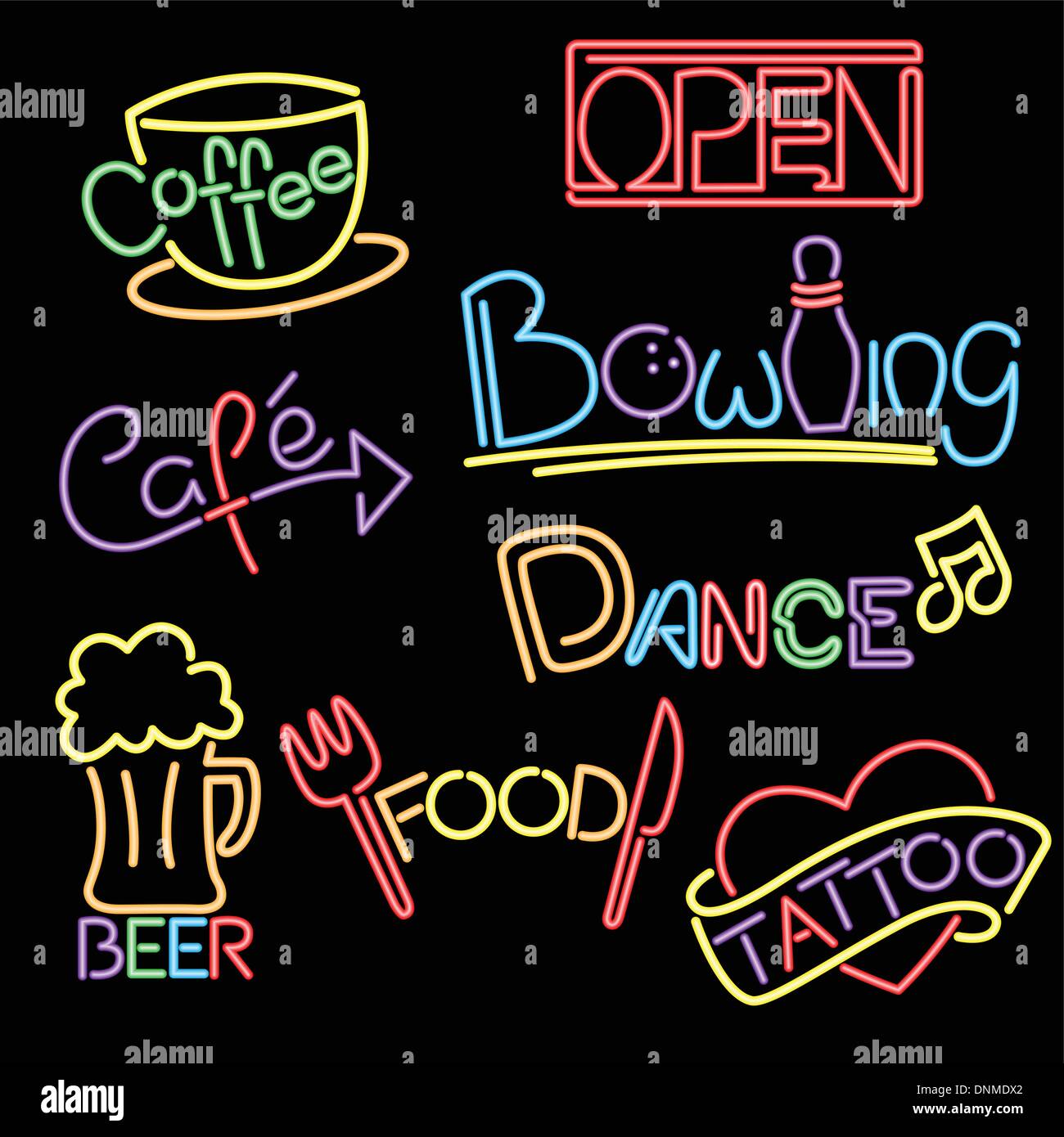 Una illustrazione vettoriale di un insieme di segni al neon Illustrazione Vettoriale