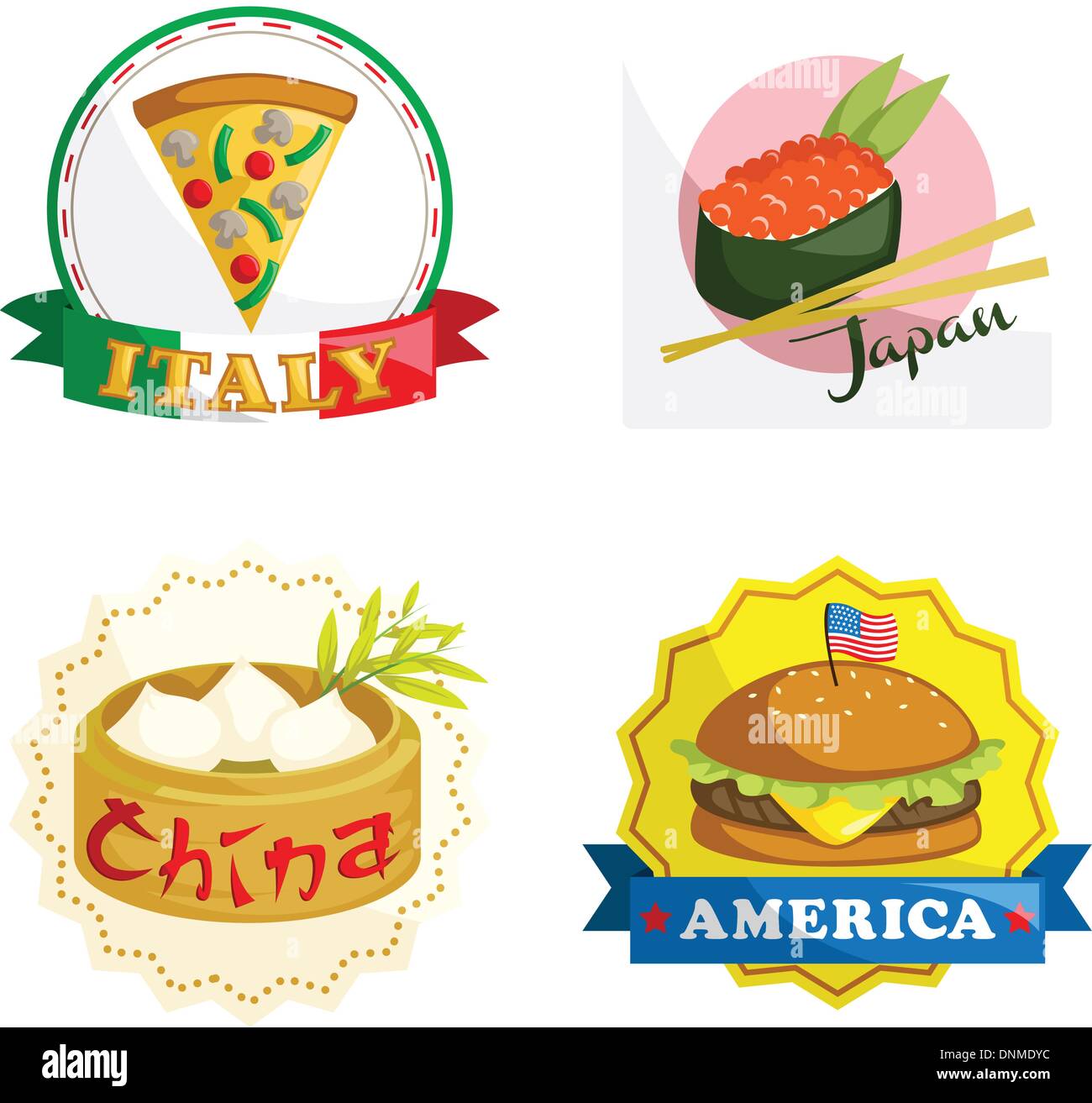 Una illustrazione vettoriale di piatti internazionali icone Illustrazione Vettoriale