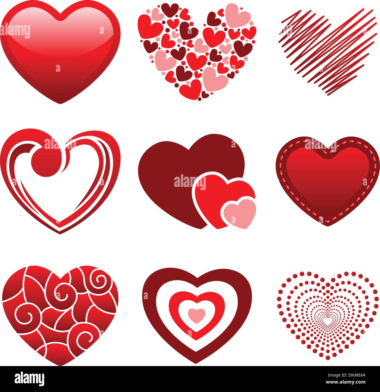 Una illustrazione vettoriale di diverse icone di cuore Illustrazione Vettoriale