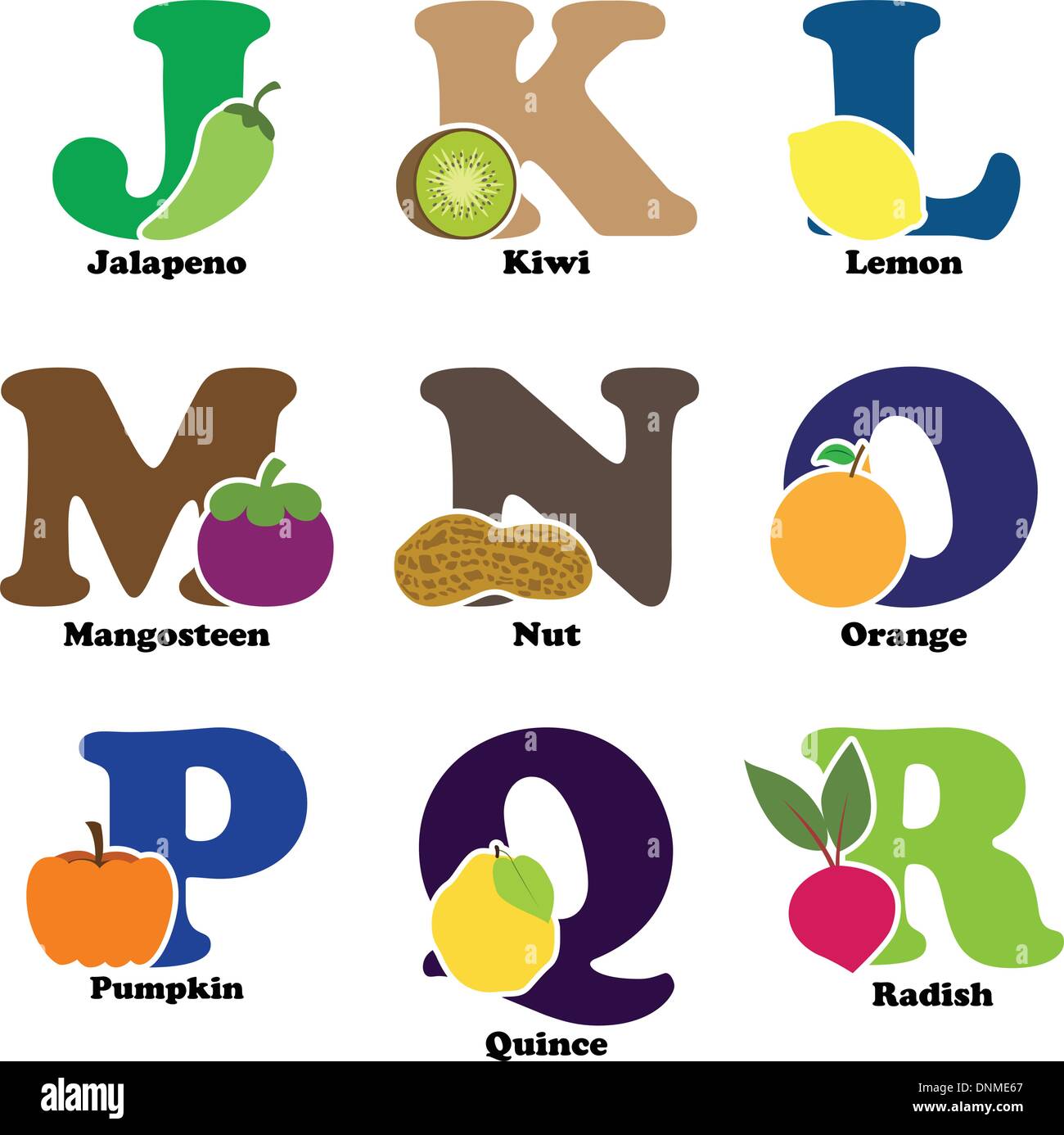 Una illustrazione vettoriale di frutta e verdura in ordine alfabetico da J a R Illustrazione Vettoriale
