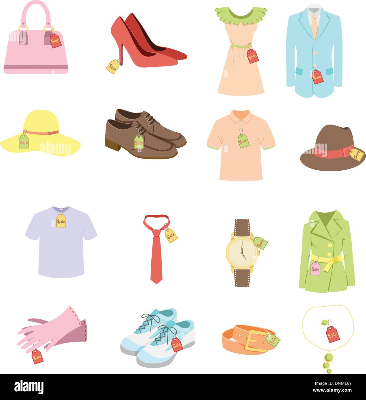 Una illustrazione vettoriale di diversi capi di vestiario prodotto con i tag di vendita Illustrazione Vettoriale