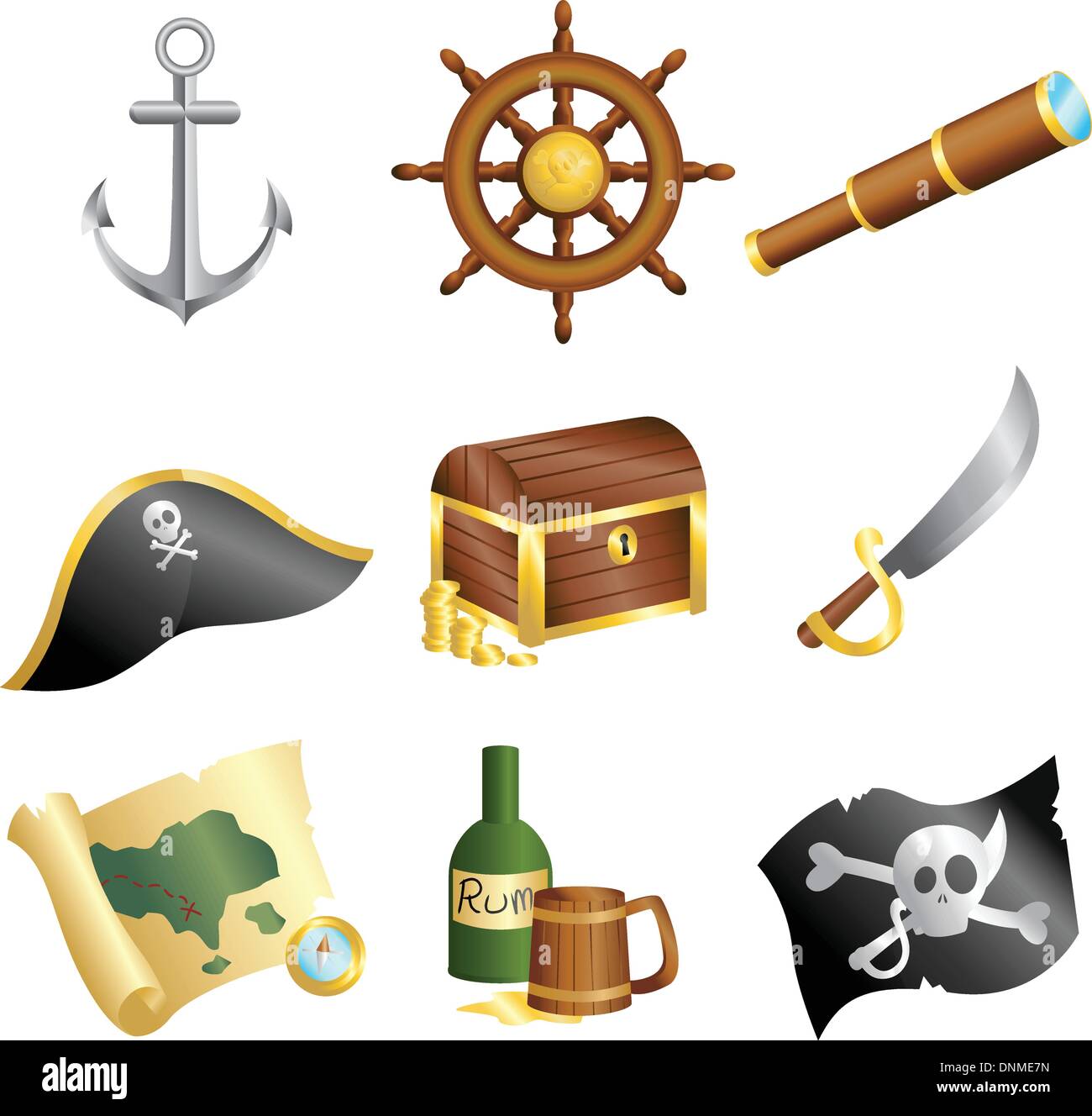Una illustrazione vettoriale di una raccolta di icone dei pirati Illustrazione Vettoriale