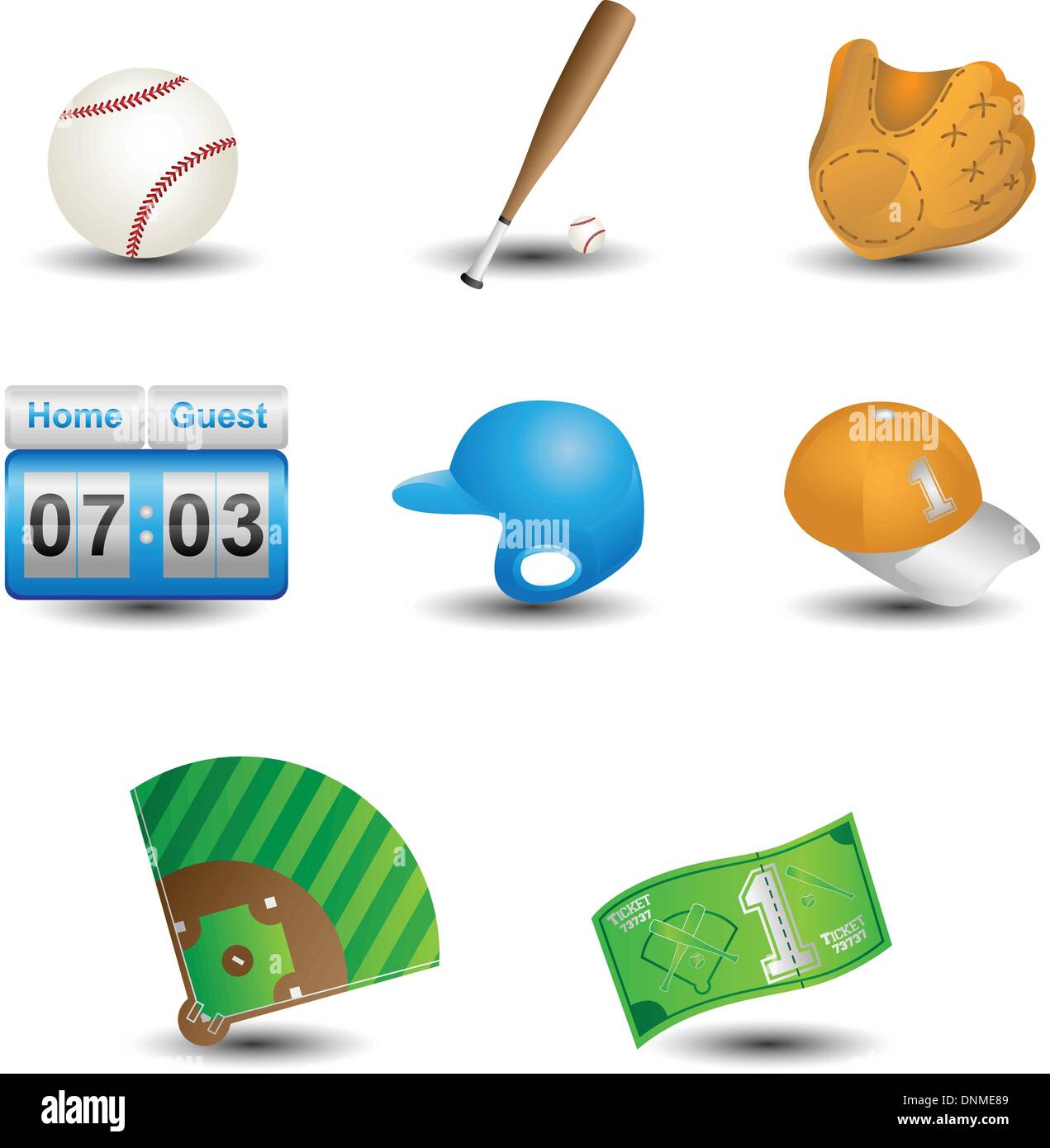Una illustrazione vettoriale di un set di icone di baseball Illustrazione Vettoriale