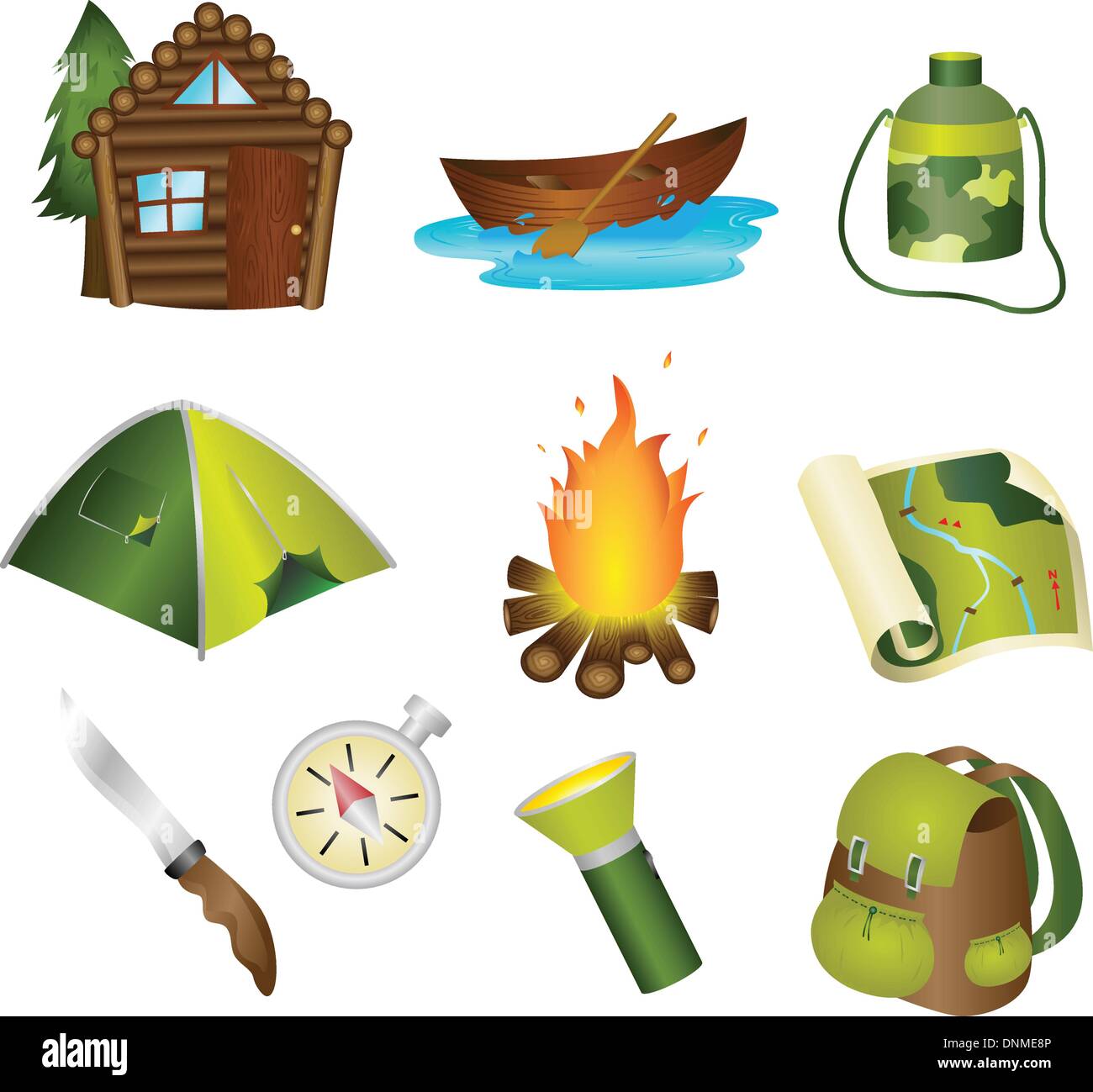 Una illustrazione vettoriale di un set di icone di campeggio Illustrazione Vettoriale