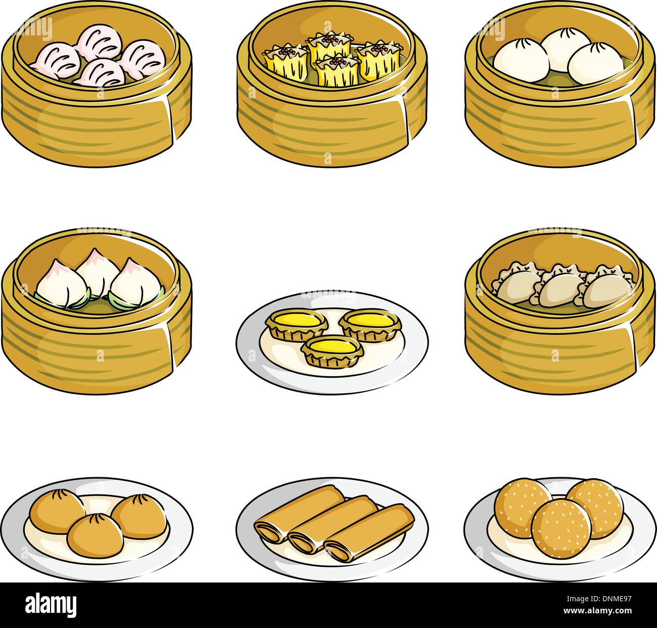 Una illustrazione vettoriale di cinese dim sum icone Illustrazione Vettoriale
