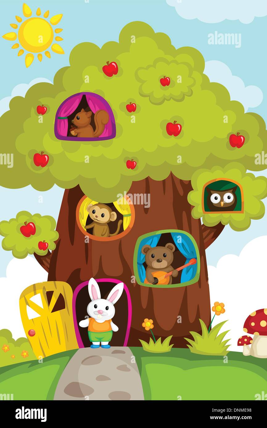 Una illustrazione vettoriale di diversi animali che vivono in una treehouse Illustrazione Vettoriale
