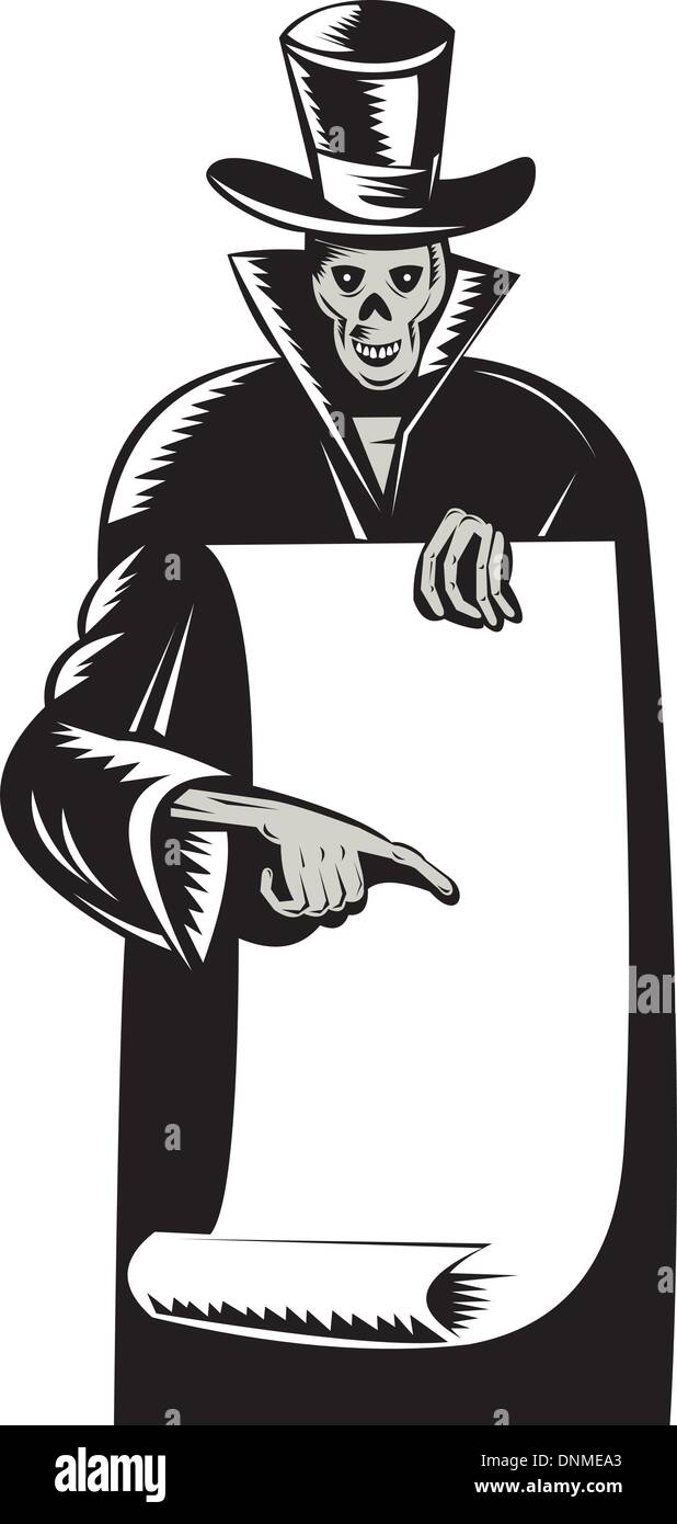Illustrazione del Grim Reaper con top hat nero tenendo il foglio di carta rivolto retrò xilografia stile. Illustrazione Vettoriale