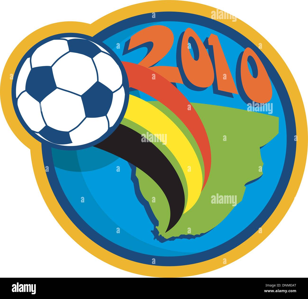 Illustrazione di un icona per il 2010 Coppa del Mondo di calcio con sfera fying oltre il globo con cartina del sud africa Illustrazione Vettoriale