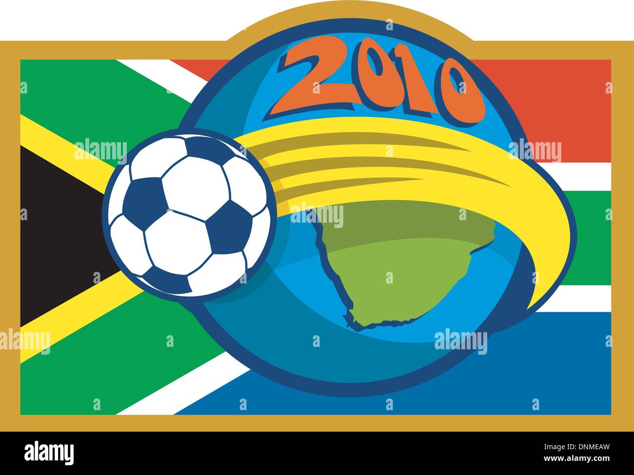 Illustrazione di un icona per il 2010 Coppa del Mondo di calcio con sfera fying oltre il globo con mappa e bandiera del sud africa Illustrazione Vettoriale