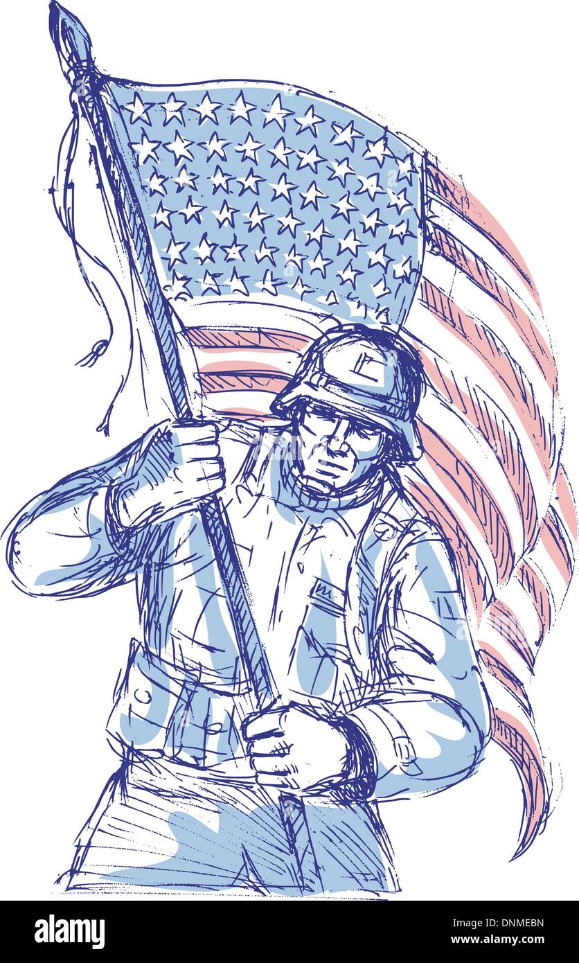 Mano bozzetto di un soldato americano in piena battaglia marcia portando a stelle e strisce bandiera isolati su sfondo bianco Illustrazione Vettoriale