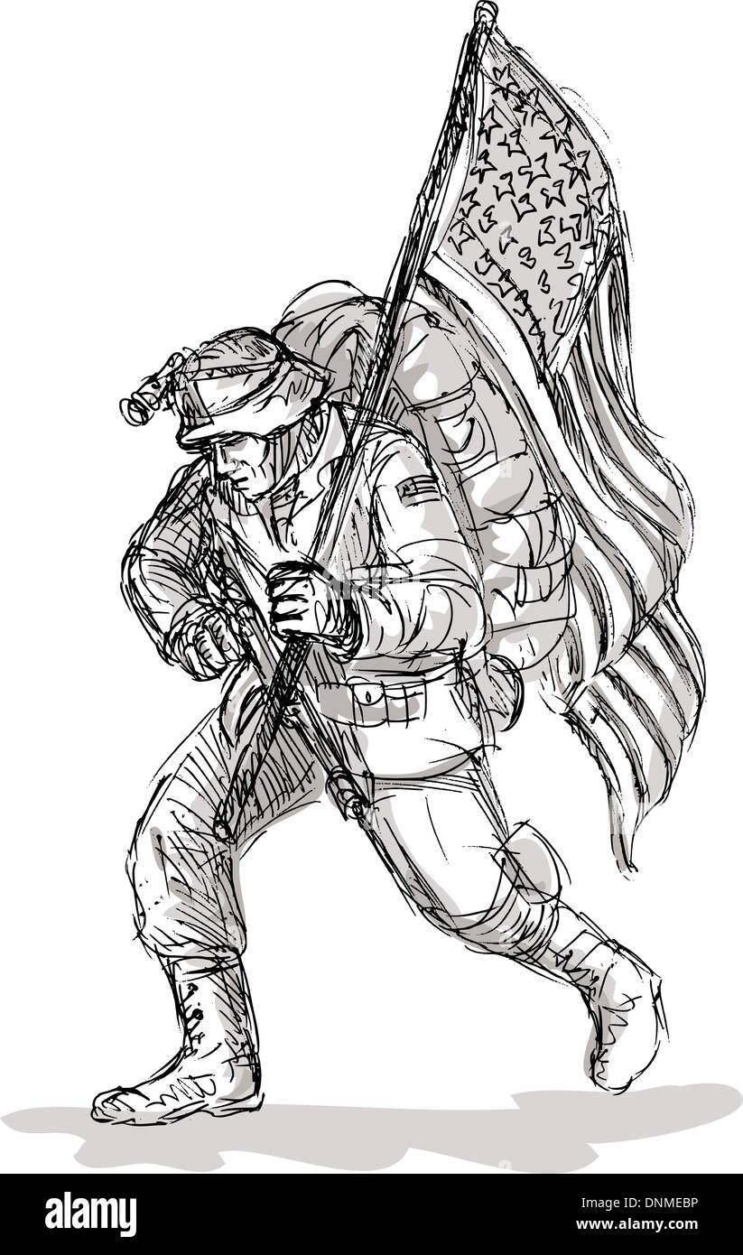Mano bozzetto di uno sconsolato soldato americano in piena battaglia marcia bandiera portante isolati su sfondo bianco Illustrazione Vettoriale