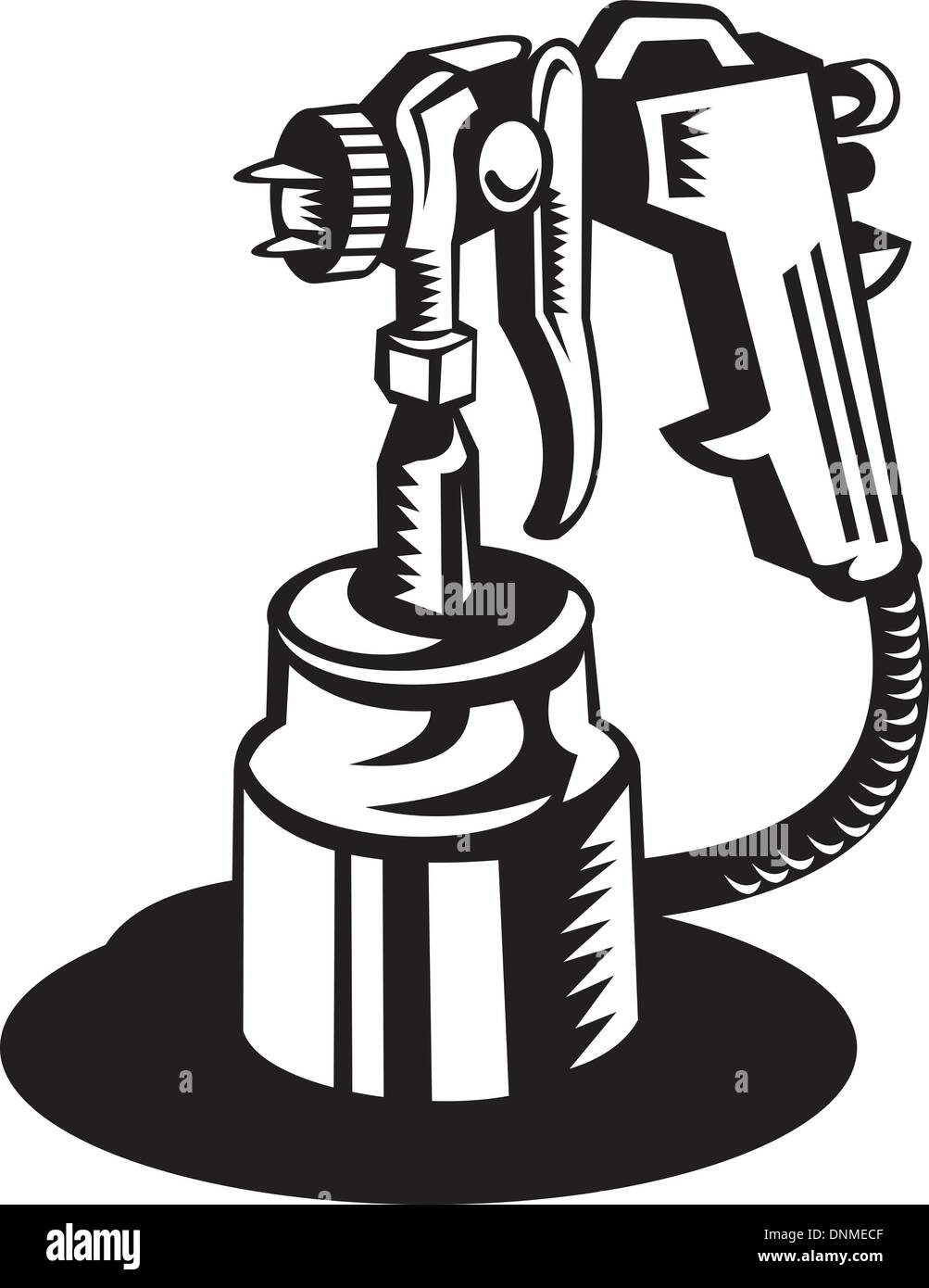 Illustrazione di una pistola a spruzzo visto da un angolo alto in bianco e nero Illustrazione Vettoriale