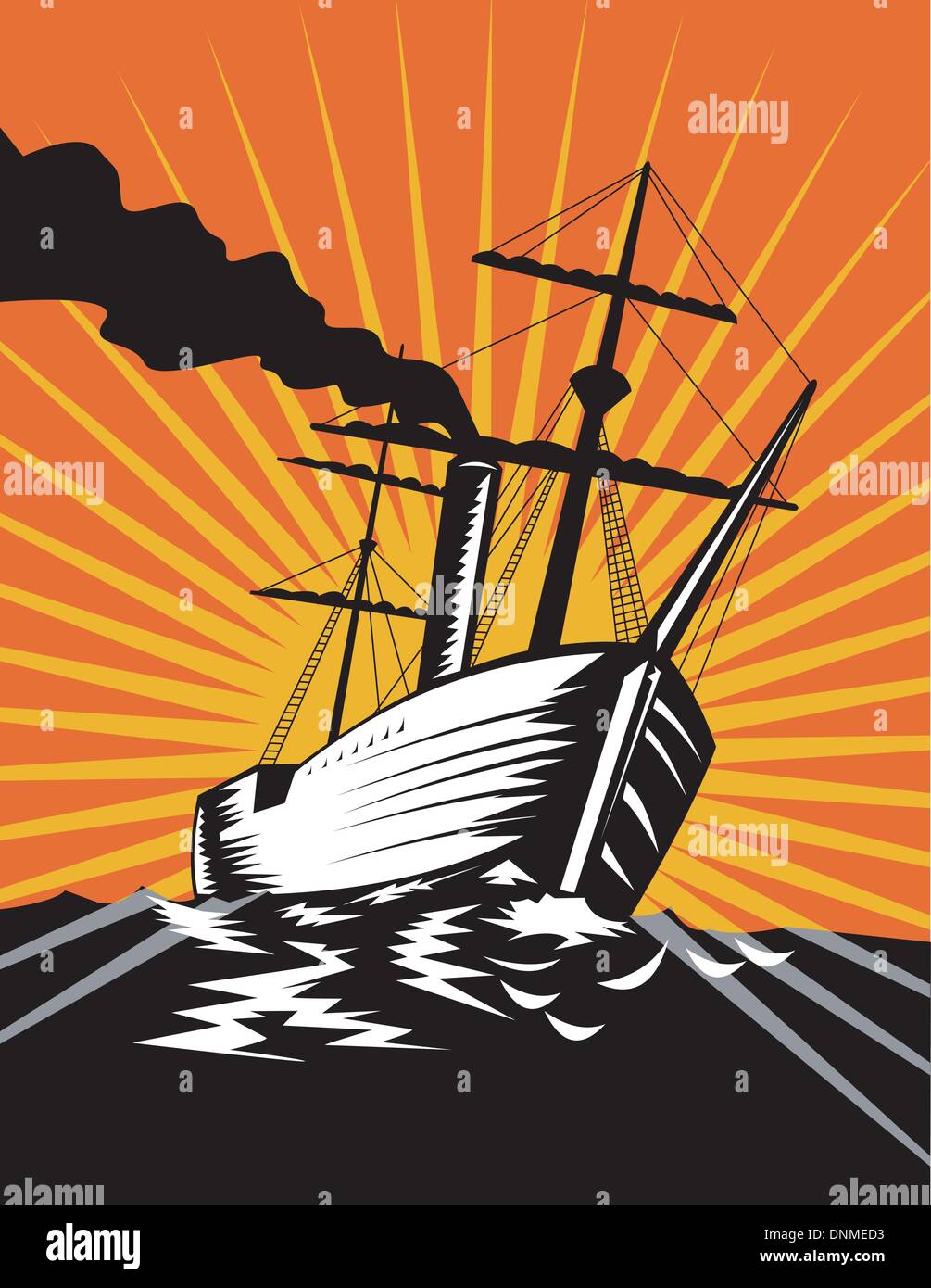 Illustrazione di un passeggero con una nave a vela realizzato in stile retrò Illustrazione Vettoriale