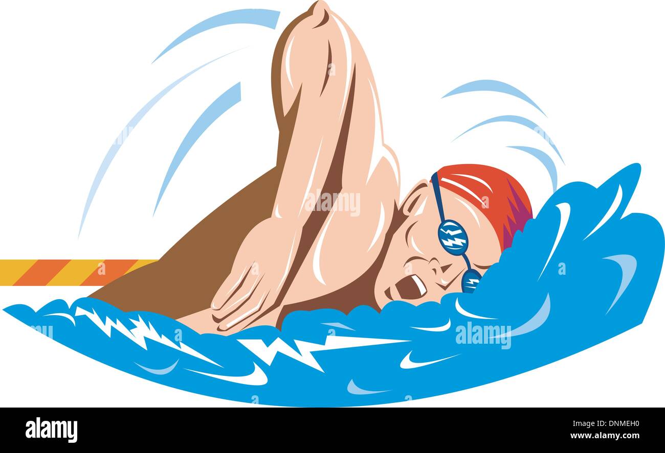 Illustrazione di un nuotatore nuoto fatto in stile retrò. Illustrazione Vettoriale