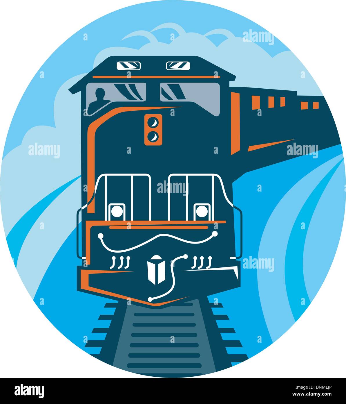 Illustrazione di un treno diesel che viaggiano sulle vie dritto in alto Illustrazione Vettoriale
