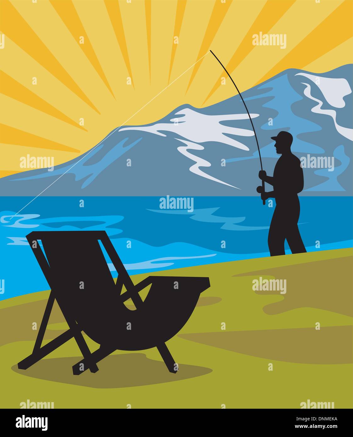 Illustrazione di un pescatore a mosca la pesca con la canna da mosca e la bobina con il lago e le montagne e sunburst in background e sedia pieghevole in primo piano fatto in stile retrò Illustrazione Vettoriale