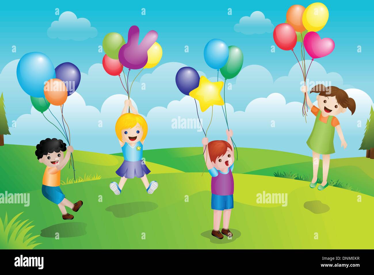 Una illustrazione vettoriale di un gruppo di ragazzi che giocano con palloncini nel parco Illustrazione Vettoriale