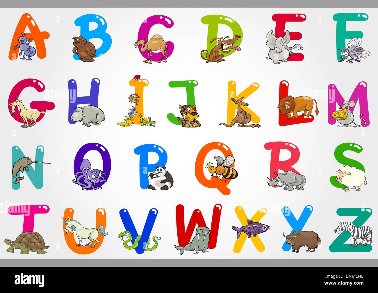 Cartoon illustrazione di alfabeto colorato Set di lettere da A a Z con divertenti animali Illustrazione Vettoriale